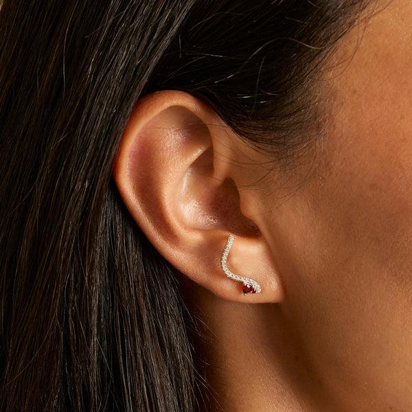 Astrid & Miyu Garnet Serpent Climber Studs In Silver