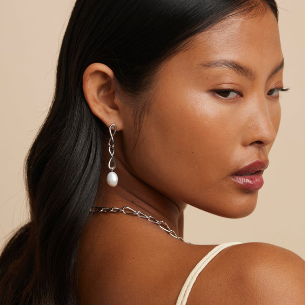 Astrid & Miyu Infinite Pearl Drop Studs In Silver