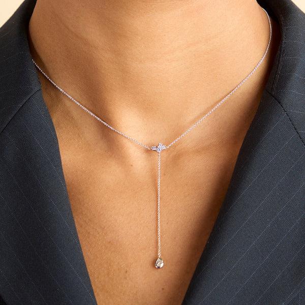 Astrid & Miyu Pear Bezel Lariat Necklace In Silver