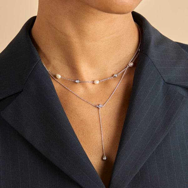 Astrid & Miyu Pear Bezel Lariat Necklace In Silver