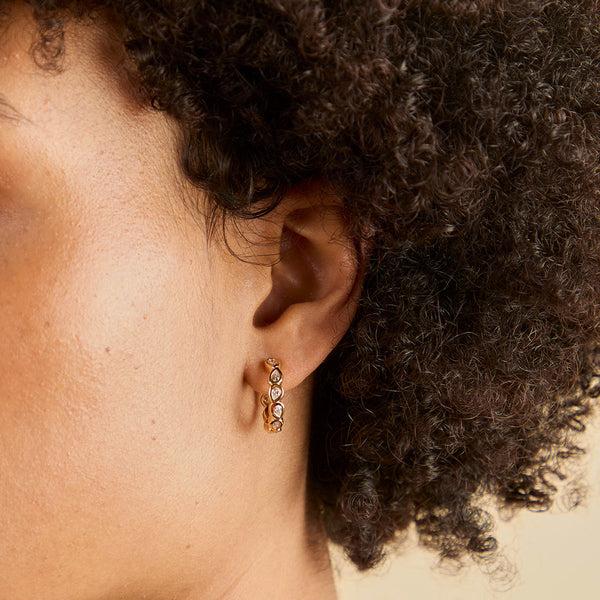 Astrid & Miyu Pear Crystal Bezel Hoops In Gold