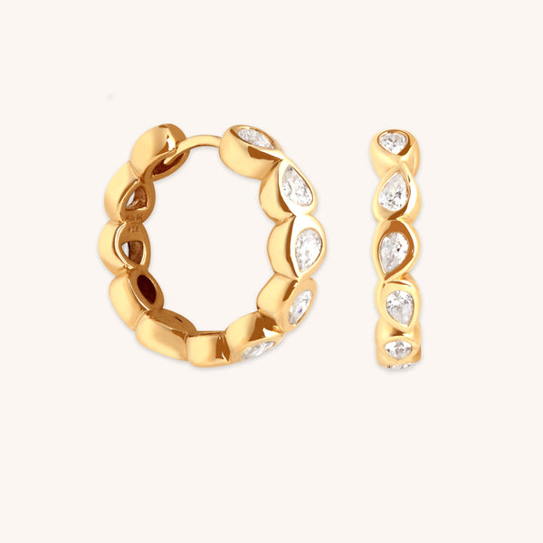 astrid & miyu Pear Crystal Bezel Hoops in Gold