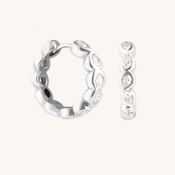 astrid & miyu Pear Crystal Bezel Hoops in Silver