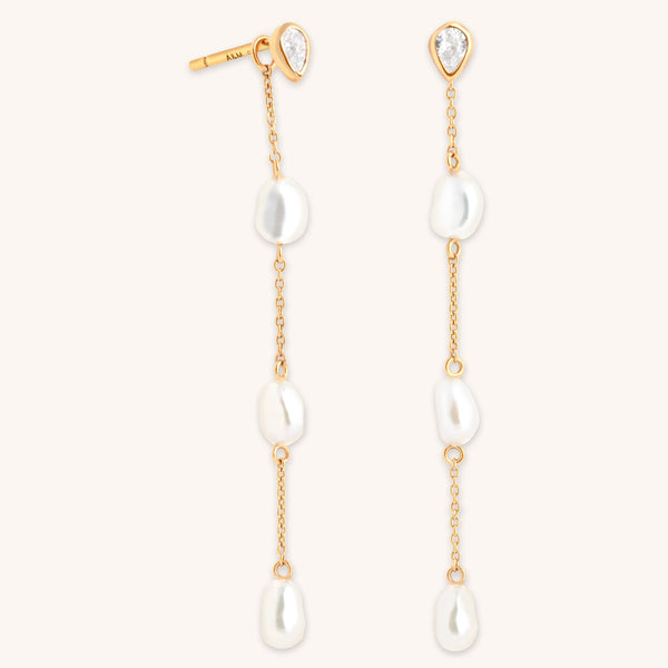 astrid & miyu Pearl Chain Drop Studs in Gold