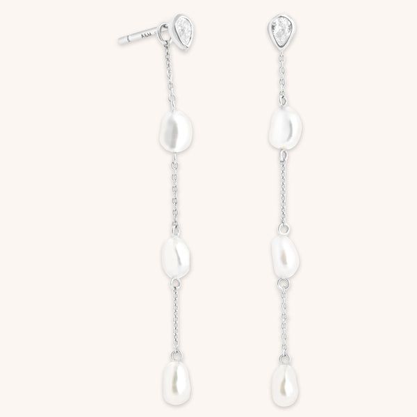 astrid & miyu Pearl Chain Drop Studs in Silver