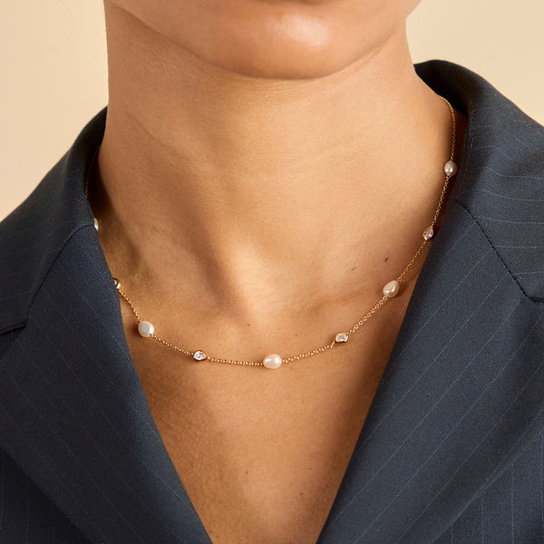 Astrid & Miyu Pearl & Crystal Charm Necklace In Gold