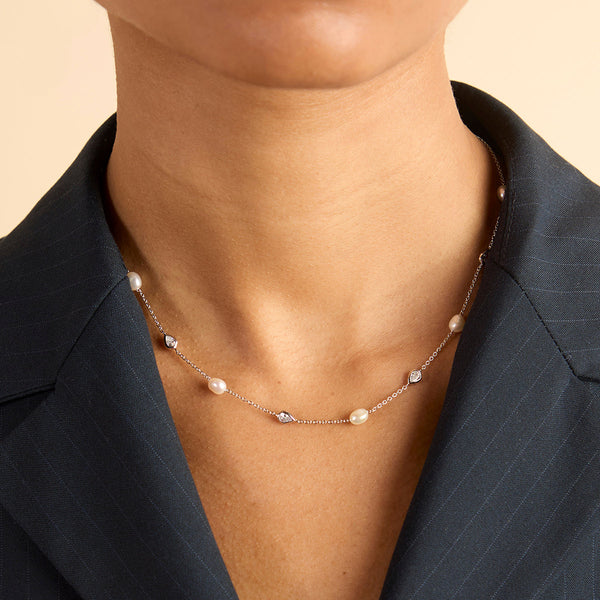 Astrid & Miyu Pearl & Crystal Charm Necklace In Silver