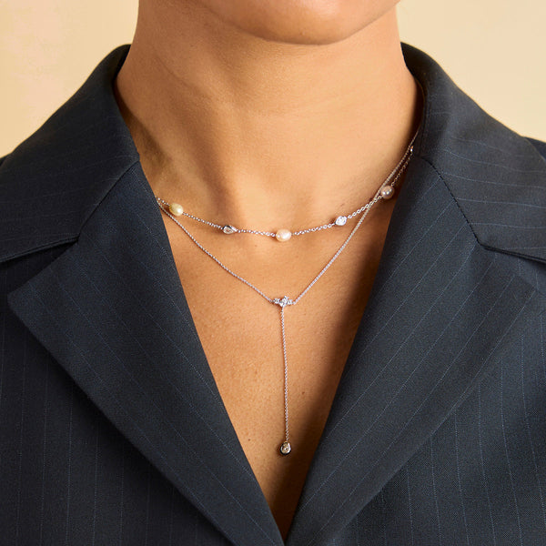 Astrid & Miyu Pearl & Crystal Charm Necklace In Silver