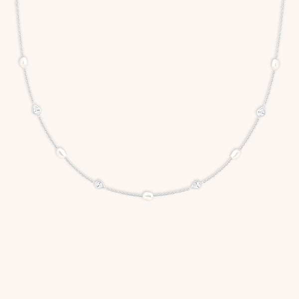 astrid & miyu Pearl & Crystal Charm Necklace in Silver