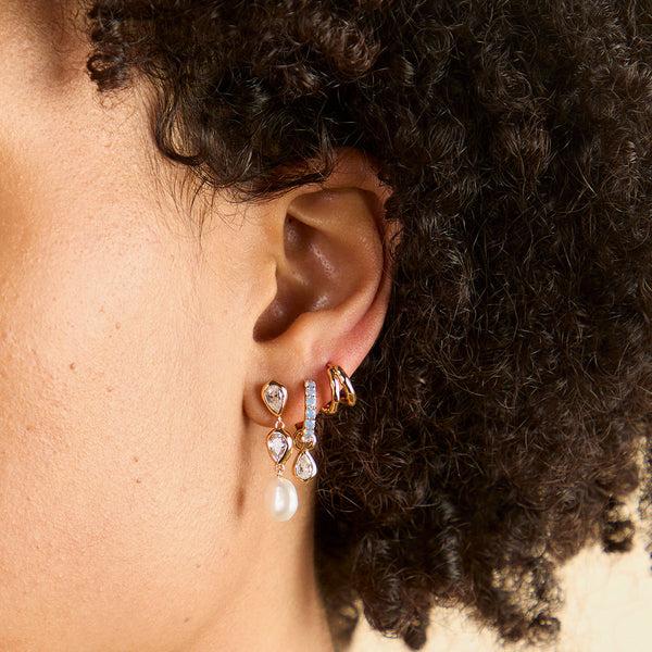 Astrid & Miyu Pearl & Crystal Drop Studs In Gold