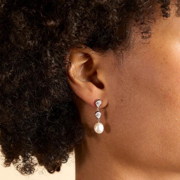 Astrid & Miyu Pearl & Crystal Drop Studs In Silver