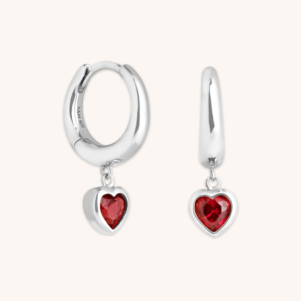 astrid & miyu Red Heart Charm Huggies in Silver