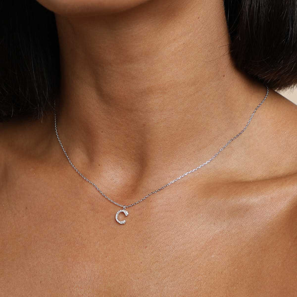 Astrid & Miyu C Initial Pavé Pendant Necklace In Silver
