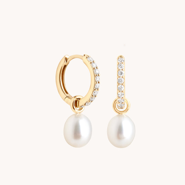 astrid & miyu Diamond & Pearl Charm Huggies in Solid Gold