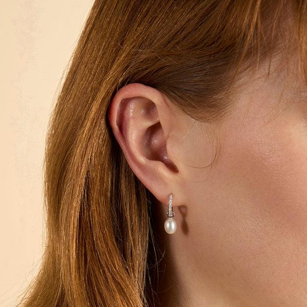 Astrid & Miyu Diamond & Pearl Charm Huggies In Solid White Gold