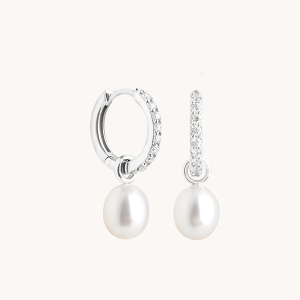 astrid & miyu Diamond & Pearl Charm Huggies in Solid White Gold