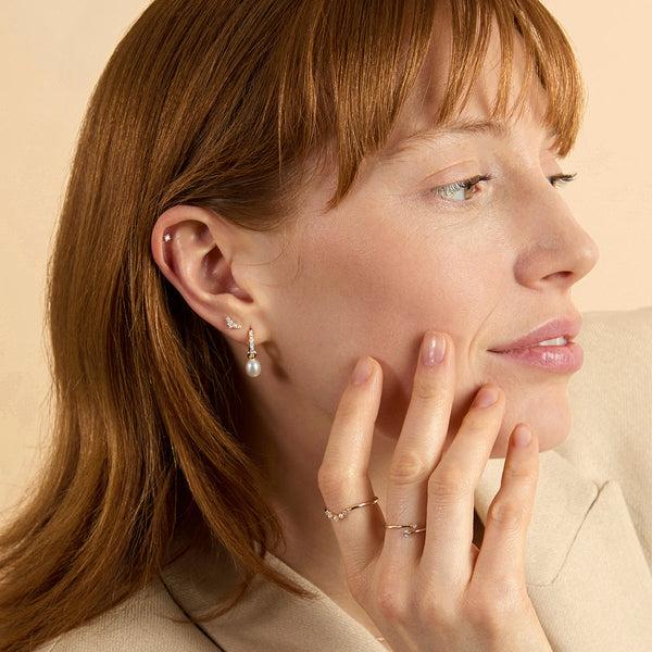 Astrid & Miyu Diamond & Pearl Climber Studs In Solid Gold