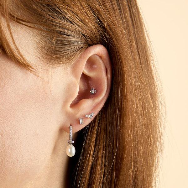 Astrid & Miyu Diamond & Pearl Climber Studs In Solid White Gold