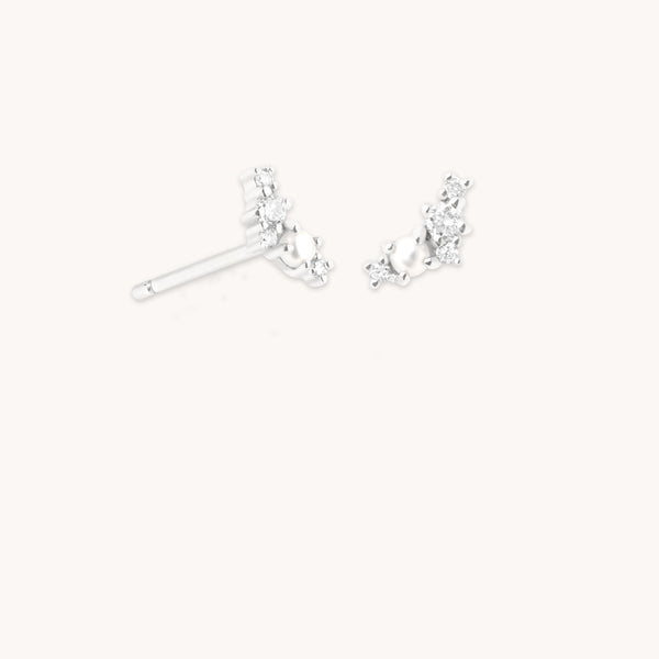 astrid & miyu Diamond & Pearl Climber Studs in Solid White Gold