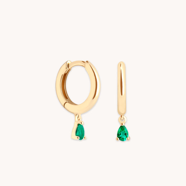 astrid & miyu Emerald Pear Charm Huggies in Solid Gold