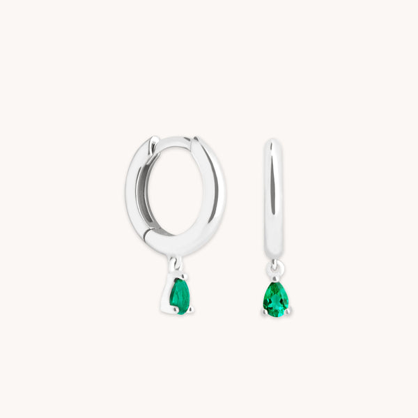 astrid & miyu Emerald Pear Charm Huggies in Solid White Gold