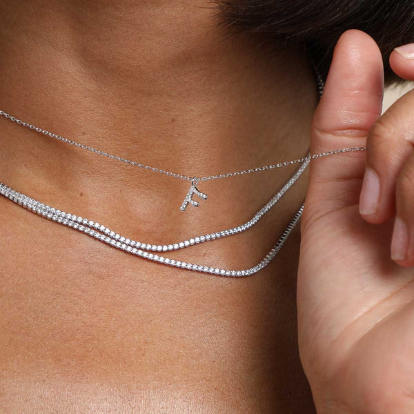 Astrid & Miyu F Initial Pavé Pendant Necklace In Silver