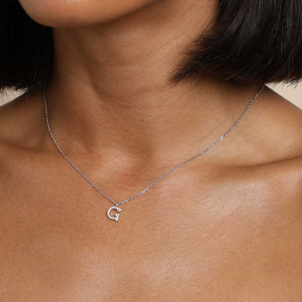 Astrid & Miyu G Initial Pavé Pendant Necklace In Silver