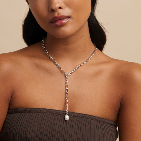 Astrid & Miyu Infinite Pearl Bold Lariat Necklace In Silver