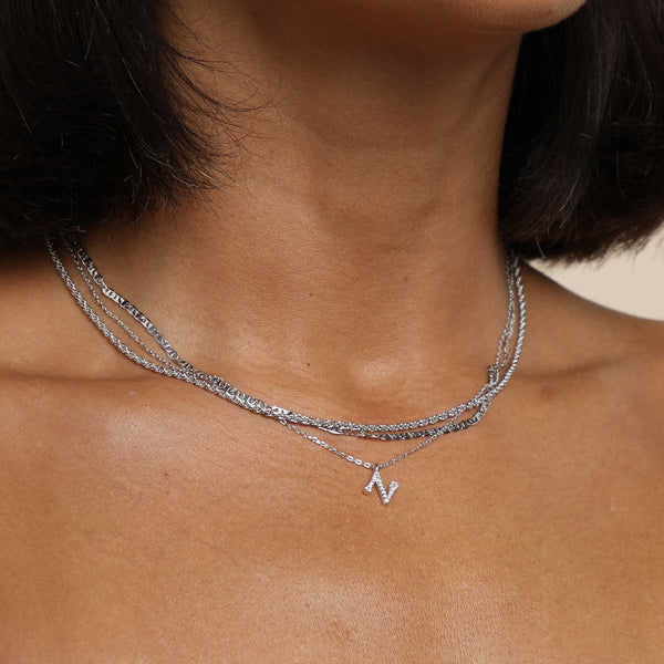 Astrid & Miyu N Initial Pavé Pendant Necklace In Silver