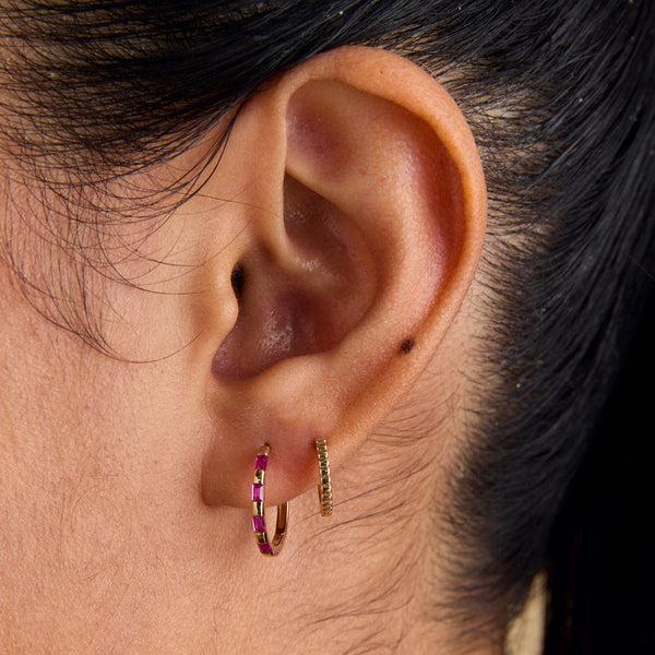 Astrid & Miyu Pink Sapphire Baguette Hoops In Solid Gold