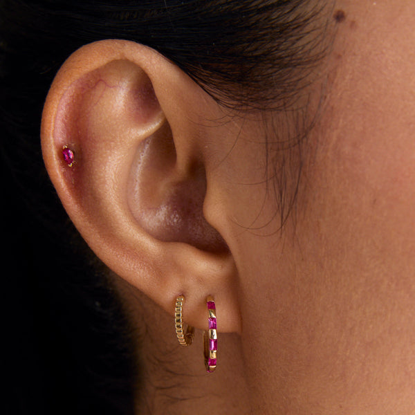 Astrid & Miyu Pink Sapphire Baguette Hoops In Solid Gold