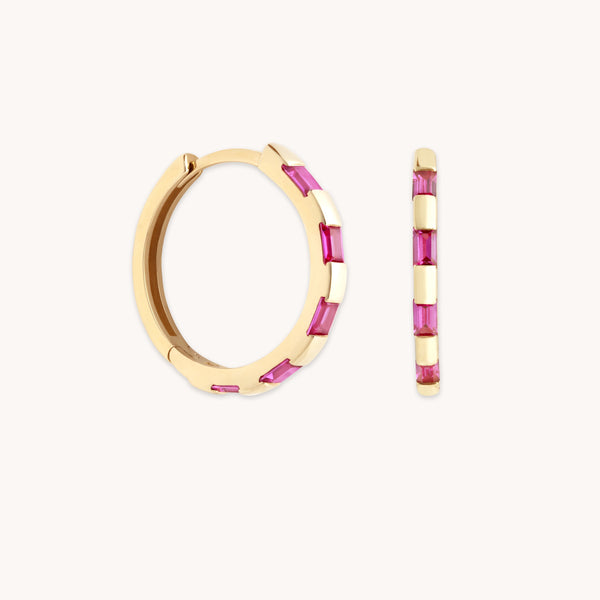 astrid & miyu Pink Sapphire Baguette Hoops in Solid Gold