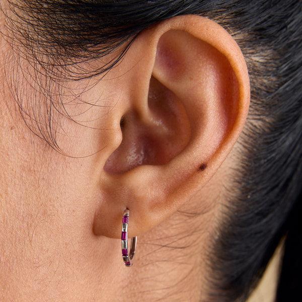 Astrid & Miyu Pink Sapphire Baguette Hoops In Solid White Gold
