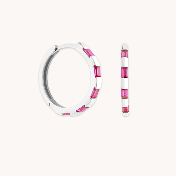 astrid & miyu Pink Sapphire Baguette Hoops in Solid White Gold