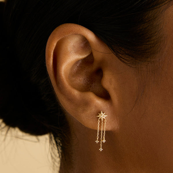 Astrid & Miyu Shooting Star Chain Drop Studs In Solid Gold