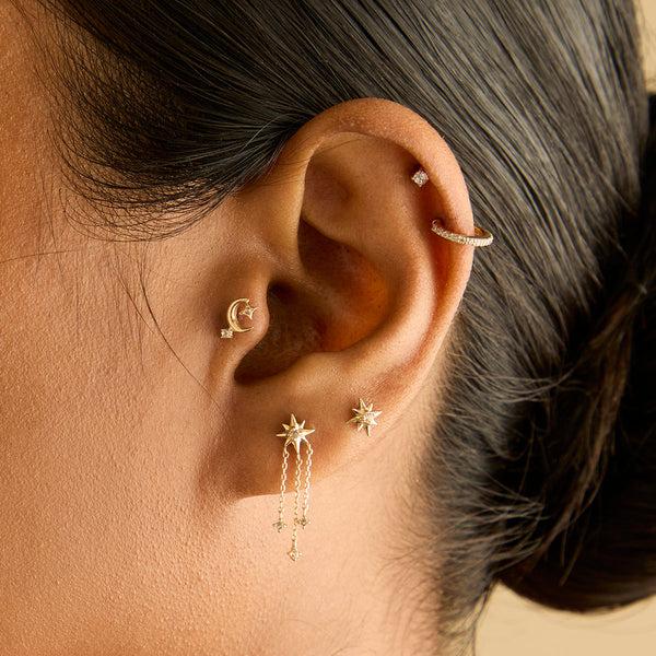Astrid & Miyu Shooting Star Chain Drop Studs In Solid Gold