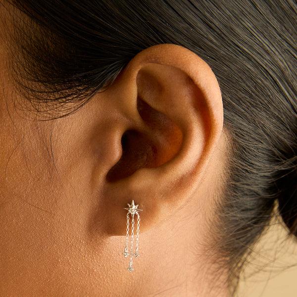 Astrid & Miyu Shooting Star Chain Drop Studs In Solid White Gold