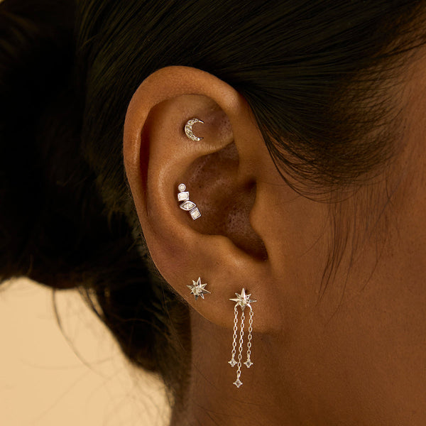 Astrid & Miyu Shooting Star Chain Drop Studs In Solid White Gold