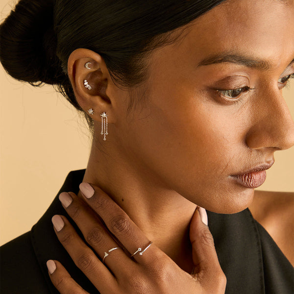 Astrid & Miyu Shooting Star Chain Drop Studs In Solid White Gold