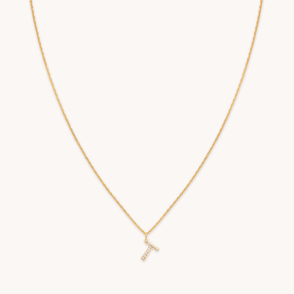 astrid & miyu T Initial Pavé Pendant Necklace in Gold
