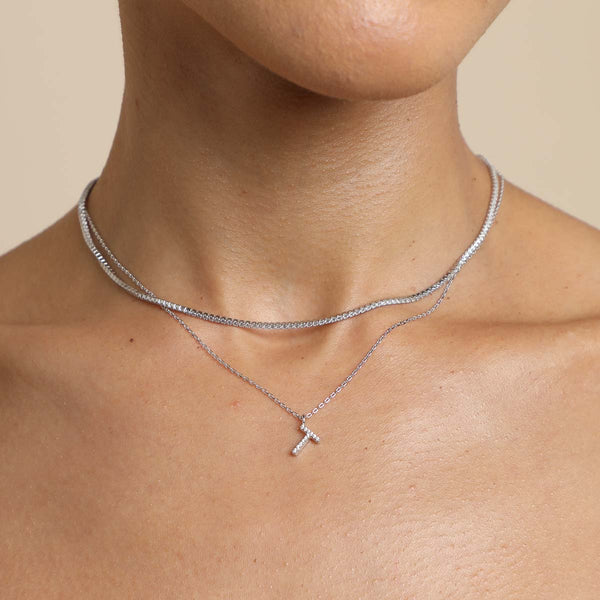 Astrid & Miyu T Initial Pavé Pendant Necklace In Silver