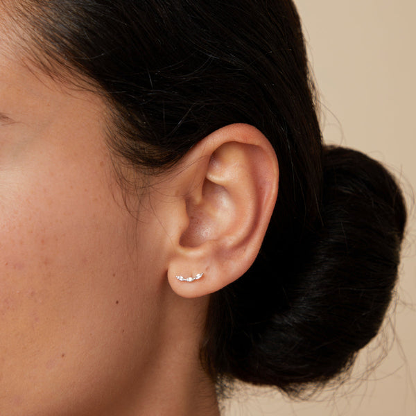 Astrid & Miyu White Topaz Curved Studs In Solid White Gold