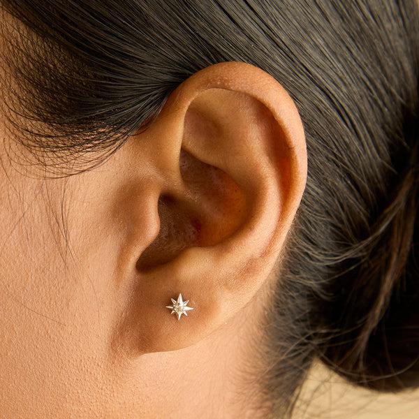 Astrid & Miyu White Topaz Star Studs In Solid White Gold