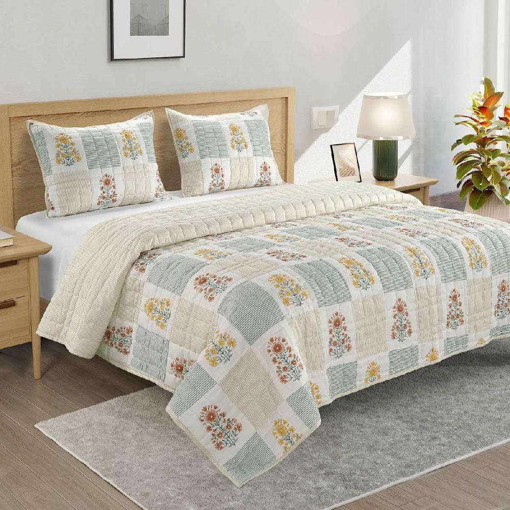 At Home 3-Piece Floral Block Print Gauze Quilt Set Full/Queen