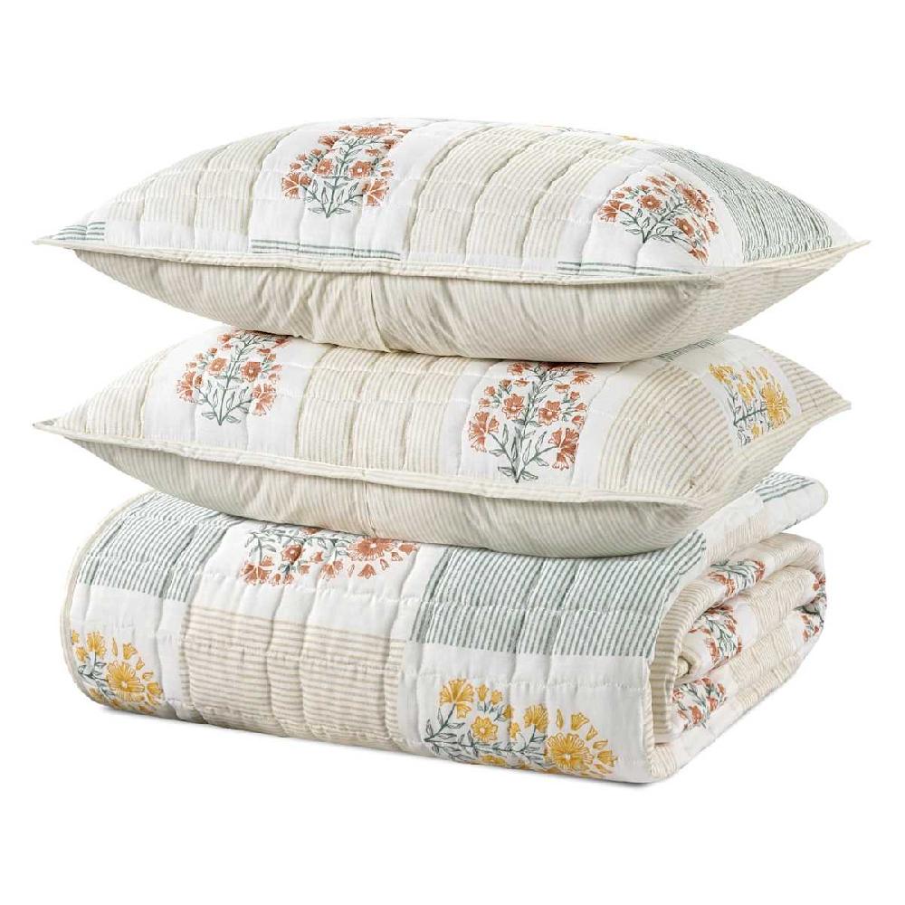 At Home 3-Piece Floral Block Print Gauze Quilt Set Full/Queen
