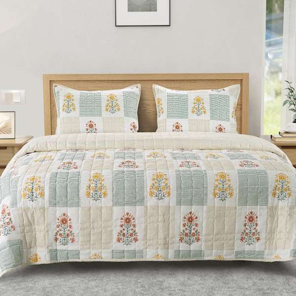 at home 3-Piece Floral Block Print Gauze Quilt Set Full/Queen