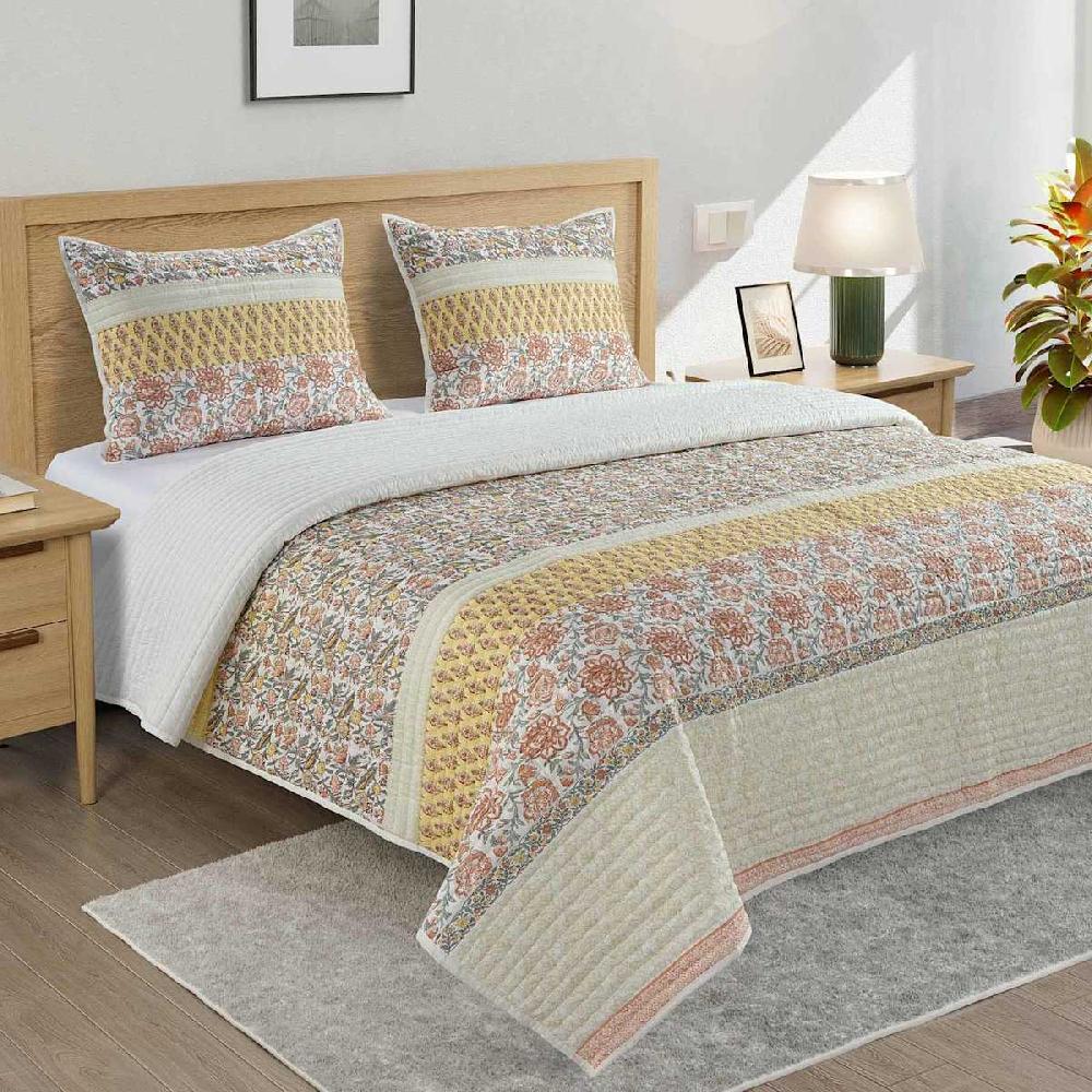 At Home 3-Piece Floral Stripe Printed Cotton Percale Quilt Set King