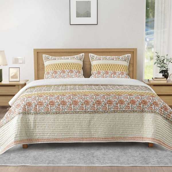 at home 3-Piece Floral Stripe Printed Cotton Percale Quilt Set King