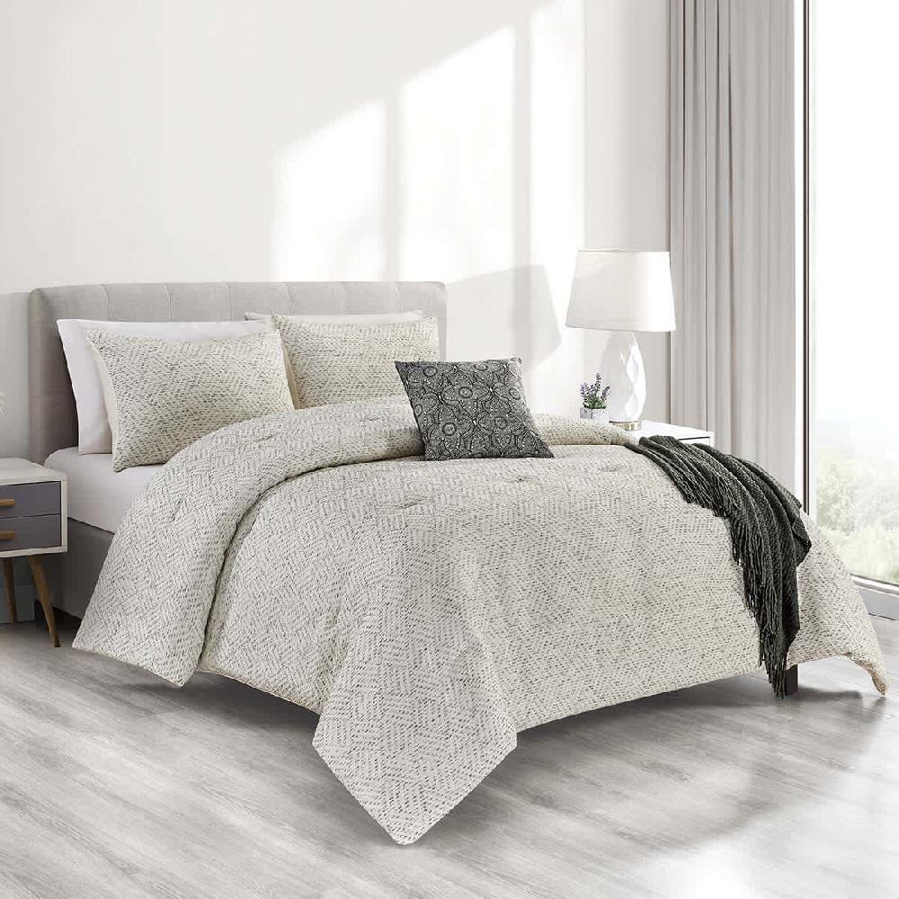 At Home 5-Piece White Grid Jacquard Comforter Set King