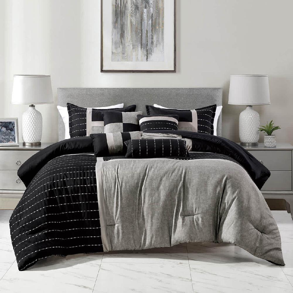 At Home 7-Piece Finley Black & Grey Striped Comforter Set King